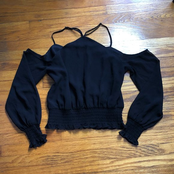 GUESS Black Cold Shoulder Blouse with Criss Cross Detail - Picture 7 of 8